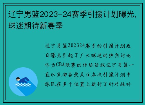 辽宁男篮2023-24赛季引援计划曝光，球迷期待新赛季
