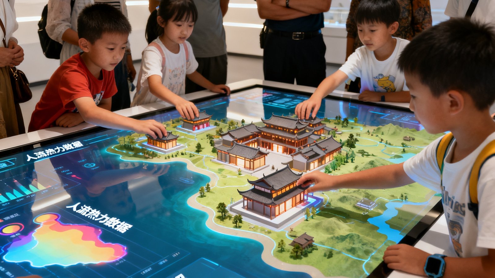 云南某文旅小镇的数字沙盘展厅内，参观者围聚在大型互动沙盘周围，沙盘表面实时显示着人流热力数据和景点介绍，孩子们兴奋地触碰沙盘上的虚拟建筑模型。